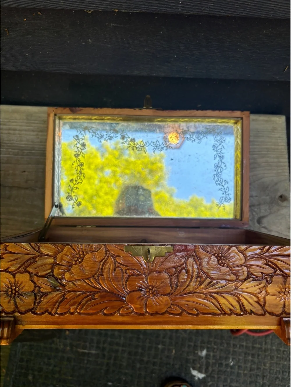 Vintage Carved Wood Jewelry Box, Cottage Scene Print, Footed with Brass Clasp